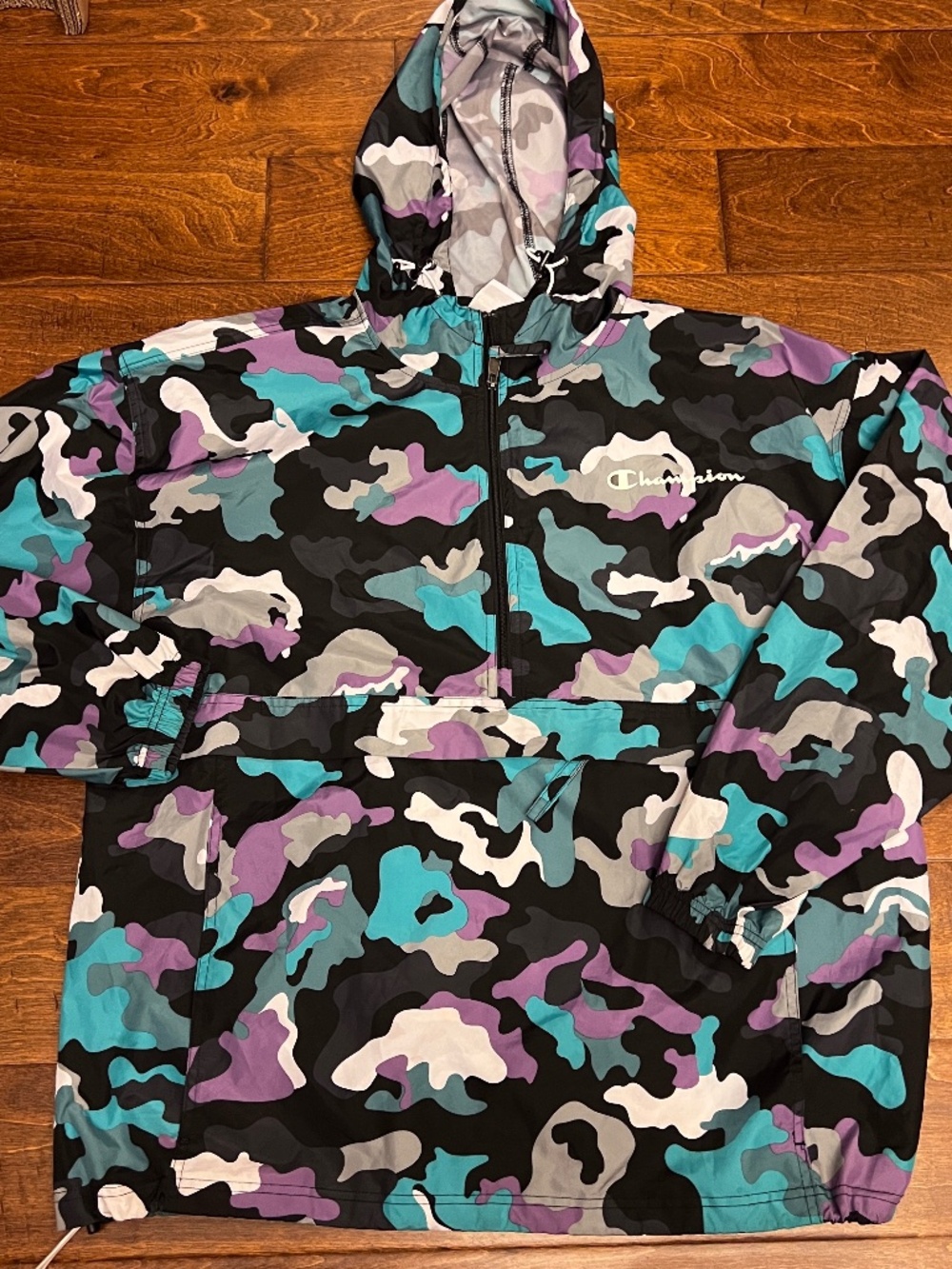 Champion Teal Purple Black White Camo Print Hooded Drawstring Side Front Pocket